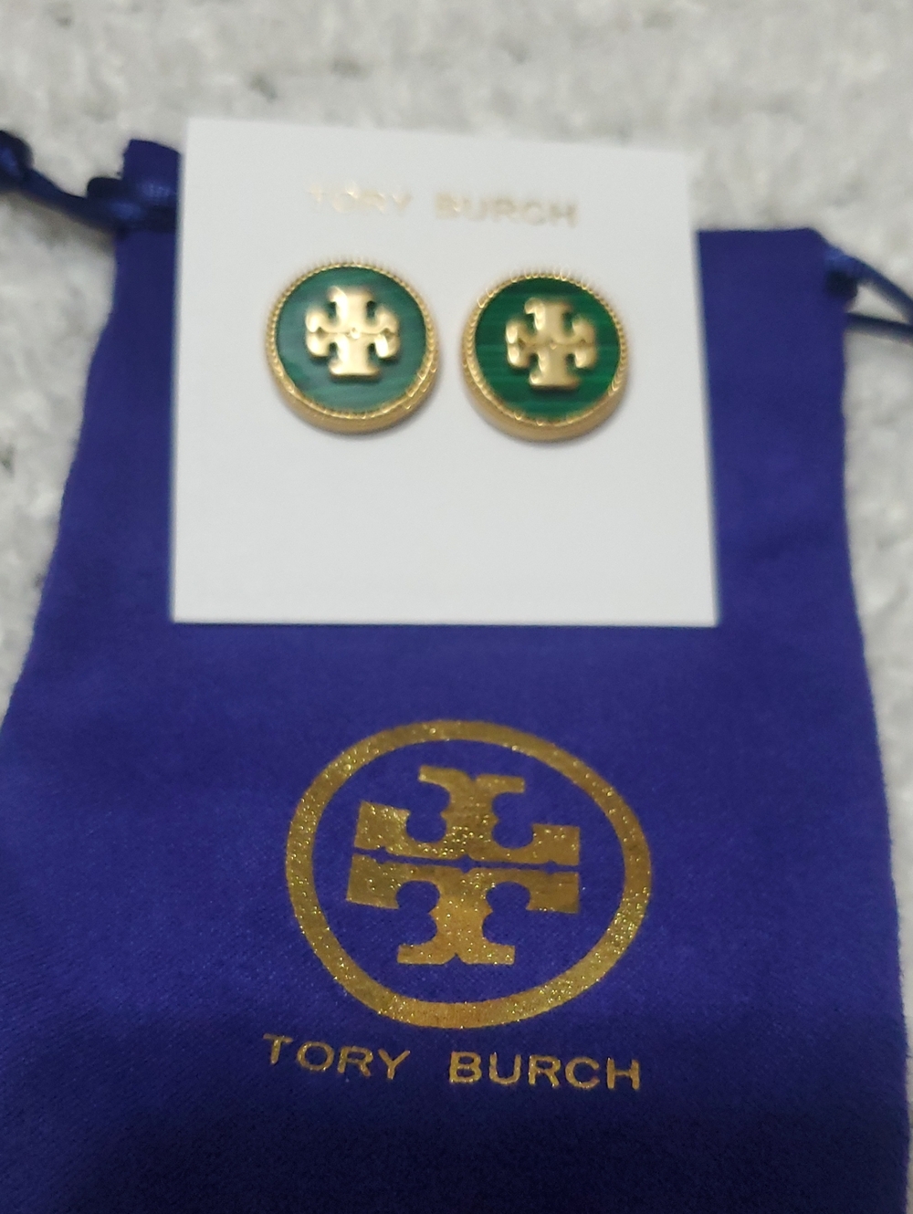 Tory Burch Green Enamel and Gold Logo Button Earrings